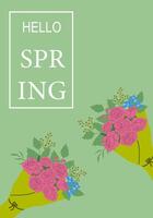 Hello spring floral design with bouquets on green background vector