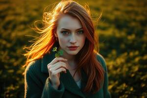 Captivating portrait of a red haired woman with freckles holding a four leaf clover in a glowing green field in Ireland St Patricks Day photo