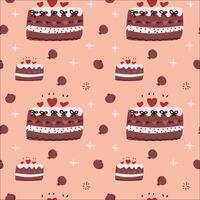 Seamless cake pattern with hearts and decorative elements on pink background vector
