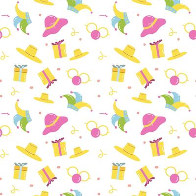 Colorful pattern with hats, gifts, sunglasses, and arrows on white background