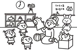 Teacher in classroom with Hand Puppet. vector
