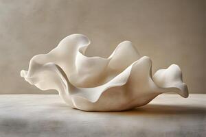 Abstract white sculptural form resembling flowing fabric or waves, resting on a beige surface. photo