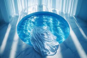 Circular pool with flowing fabric, sunlit marble floor, sheer curtains. photo