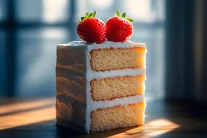 Delicious three-layered cake slice with fresh strawberries. photo