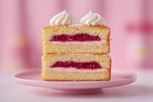 Two stacked slices of vanilla cake with raspberry jam and whipped cream. photo