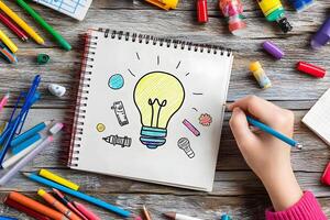 Child's hand drawing a lightbulb on a notepad surrounded by colorful art supplies. photo
