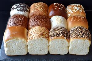 Assortment of various bread rolls, sliced and unsliced, displayed on a black slate. photo
