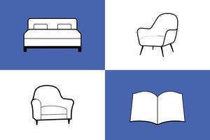 four different icons of furniture and books vector