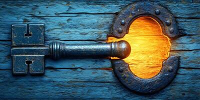 Antique key in rustic keyhole, glowing light. photo