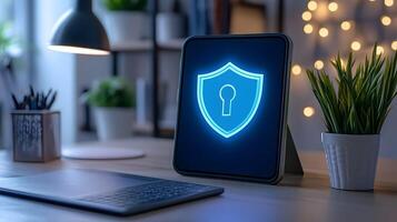 Tablet displaying a glowing security shield icon on a desk. photo