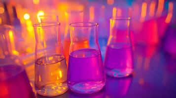 Colorful liquids in Erlenmeyer flasks on a reflective surface with blurred lights in the background. photo