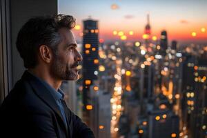 Man in suit looks out at city lights at sunset. photo