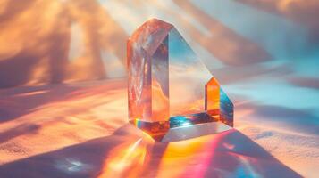 Clear crystal prism casting colorful light and shadow on a textured surface. photo