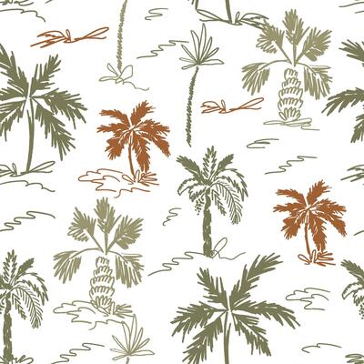 One line drawing tropical palm trees seamless pattern. Brown and green ink drawing jungle plants, sketch. Hand drawn summer vacation background, brush stroke texture, textile design, wallpaper.
