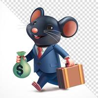 Rat in suit holding a bag of money and a suitcase, 3D. Suitable for business and design elements vector