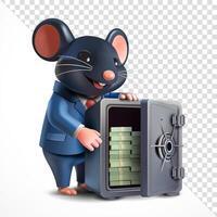 Rat in suit holding a safe box containing money, 3D. Suitable for business and design elements vector