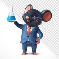Rat in suit holding beaker, 3D. Suitable for business, science and design elements. vector