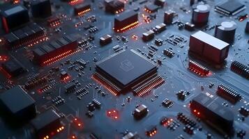 Close-up of a circuit board with a central processor featuring a security icon. photo