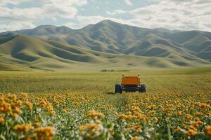 Autonomous vehicle in a field of yellow flowers with mountains in the background. photo