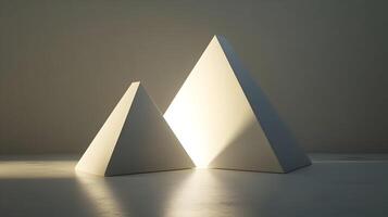 Two white pyramids illuminated, one smaller than the other, on a reflective surface. photo