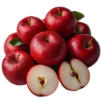 features a cluster of red apples, including whole apples and two halves, set against a transparent background png