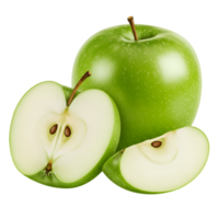 features a whole Granny Smith apple and two slices of the same apple on a transparent background png