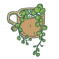 charming hand-drawn illustration of a trailing succulent in a decorative cup with pebbles. Perfect for stickers, prints, cards, or interior design accents. vector