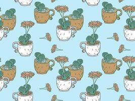 seamless pattern of succulents blooming in teacups, set against a soft blue background. Ideal for textiles, stationery, gift wraps, or digital prints. vector