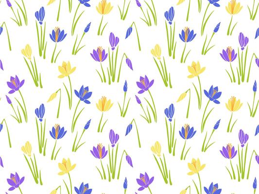 seamless pattern vibrant crocus flowers in yellow, purple, and blue hues with fresh green white background. Perfect for spring-themed wrapping paper, fabric, wallpapers, stationery, or digital designs
