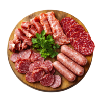 Top view platter slices raw assorted meat sausage, garnished with herbs on circular wood cutting board isolated on transparent background png