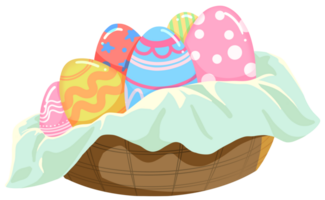 A basket full of colorful and patterned Easter eggs png