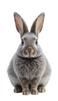 A gray rabbit in a cutout image sitting and looking forward. Perfect for Easter, spring, or animal themes. png