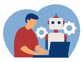 Human and robot working together at a laptop - the concept of artificial intelligence. vector
