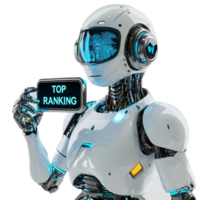Futuristic Robot Displaying a Top Ranking Sign with Glowing Elements and a High-Tech Design png