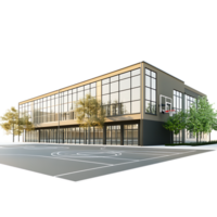 A rendering of a basketball court in front of a building png
