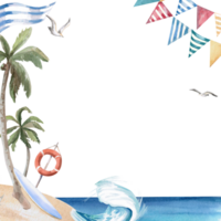 Square frame with seashore, palm tree and wave. Isolated watercolor illustration on the theme of beach holidays for design of tourist brochures, postcards, menu of coastal restaurants. png