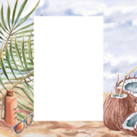 Square frame with coconuts, palm branches on sand and sky background. Isolated watercolor illustration on holiday theme for design of tourist brochures, postcards, menu of coastal restaurants. png