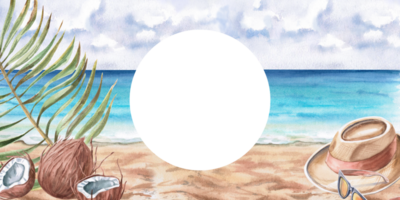 Rectangular frame with coconuts, palm branches on seascape background. Isolated watercolor illustration on holiday theme for design of tourist brochures, postcards, menu of coastal restaurants. png