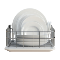 Neatly Arranged Dish Rack with White Plates on Transparent Background png
