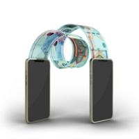 Transferring Uzbekistani som notes from one mobile phone to another. Online money transfer concept. money coming out of mobile phone isolated on transparent background. 3d rendering png