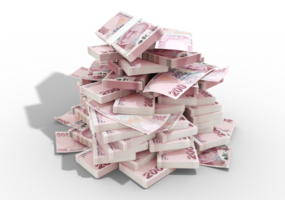 3D rendering of stacks of 200 Turkish Lira notes isolated on transparent background. png