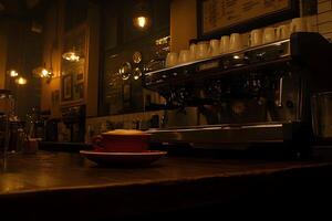 Coffee cup on counter near espresso machine in dimly lit cafe. photo