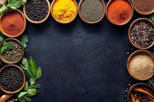 Aromatic spices in bowls forming a frame on dark background. photo