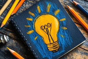 Chalk lightbulb drawing on notebook. photo