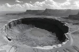 Aerial view of a crater lake in a desert landscape. photo