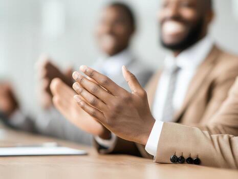 group of executives in stylish boardroom, joyfully applauding during meeting, showcasing teamwork and collaboration photo