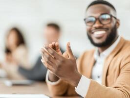 group of executives in stylish boardroom celebrating success with smiles and applause. atmosphere is positive and collaborative, showcasing teamwork and achievement photo