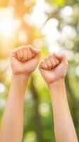 Two raised fists celebrating success in vibrant outdoor setting, symbolizing unity and achievement. warm sunlight enhances joyful atmosphere photo