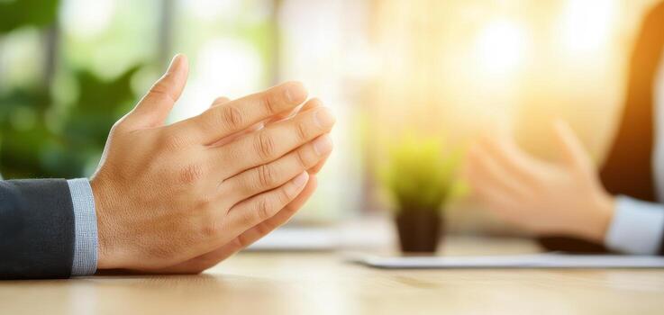 Hands of professionals engaged in discussion in bright meeting room, conveying collaboration and positivity. warm light enhances atmosphere of teamwork photo