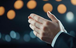 Clapping hands in formal setting, expressing appreciation and support. blurred background adds sense of depth and focus on gesture photo